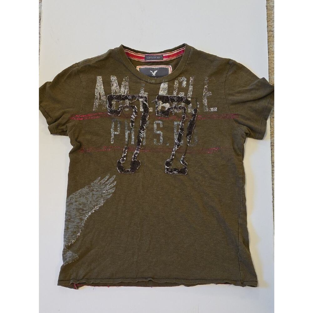 Vintage AEO Graphic Eagle Front & Side Olive Silver Print T-Shirt Womens S